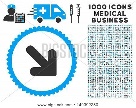 Arrow Down Right icon with 1000 medical business gray and blue vector pictograms. Set style is flat bicolor symbols, white background.