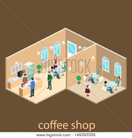 Isometric Interior Of Coffee Shop. Flat 3D Isometric Design Interior Cafe Or Restaurant. People Sit