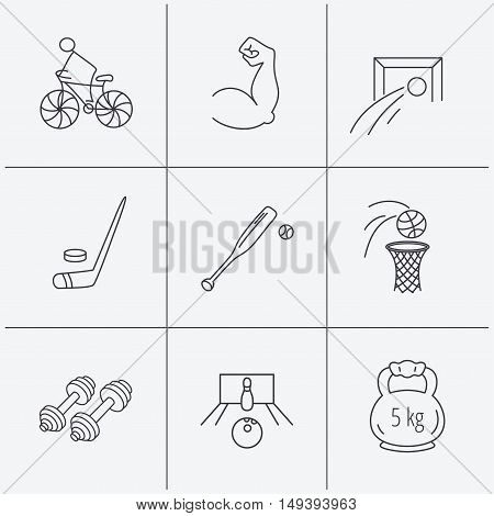 Ice hockey, football and basketball icons. Fitness sport, baseball and bowling linear signs. Biking, weightlifting icons. Linear icons on white background. Vector