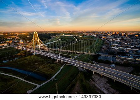 Epic Sunrise Horizon Over Margaret Hunt Hill Bridge in Dallas Texas Spanning Across Trinity River Park