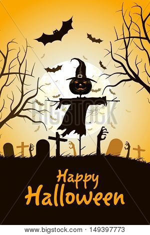 Halloween Zombie Party Poster. Holiday Card with Scarecrow and Zombie Hands. Halloween Invitation or Halloween Party Poster Backdrop