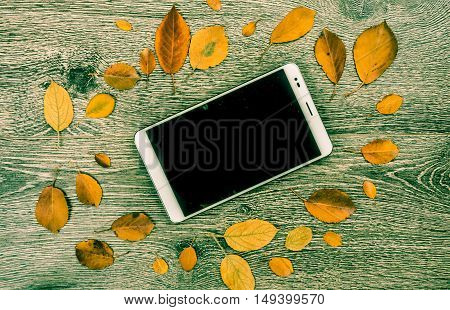 White modern tablet pc with blank empty screen on rustic vintage wood background with autumn leaves. Concept of season and technology, nature and computrs design template with place for image and text