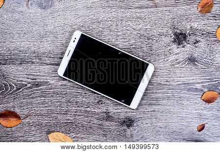 White modern tablet pc with blank empty screen on rustic vintage wood background with autumn leaves. Concept of season and technology, nature and computrs design template with place for image and text