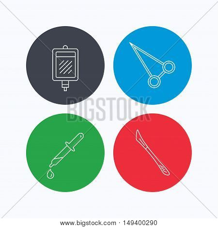 Pipette, blood donation and scalpel icons. Peans forceps linear sign. Linear icons on colored buttons. Flat web symbols. Vector