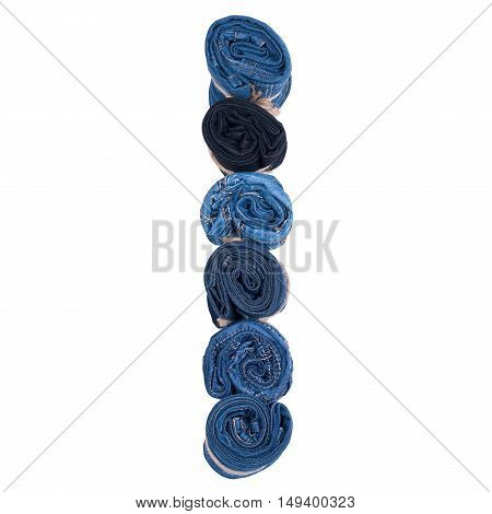 Letter I made of jeans roll on a white background