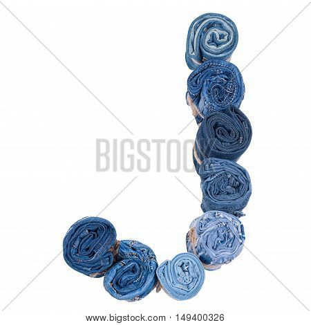 Letter J made of jeans roll on a white background