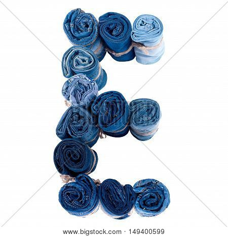 Letter E made of jeans roll on a white background