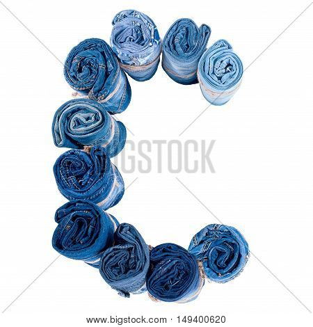 Letter C made of jeans roll on a white background