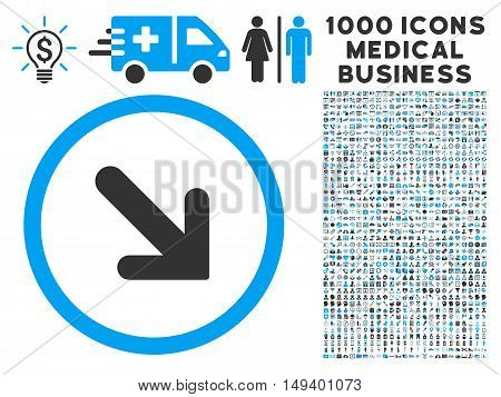 Arrow Right-Down icon with 1000 medical commerce gray and blue vector pictographs. Set style is flat bicolor symbols, white background.