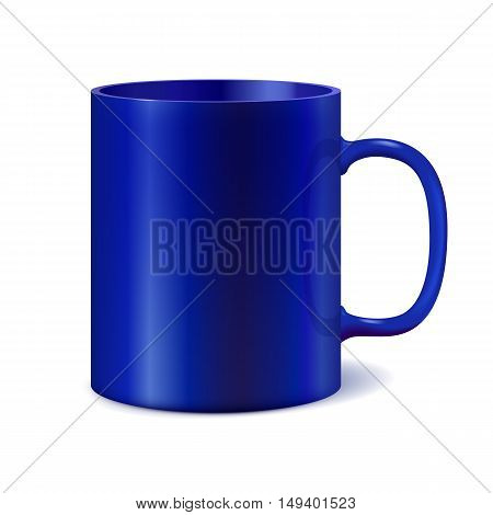 Blue and white ceramic mug for printing corporate logo. Dark color. Cup isolated on white background. Vector 3D illustration