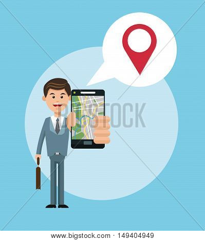 Cartoon man and smartphone. Gps navigator location travel and route heme. Colorful design. Vector illustration