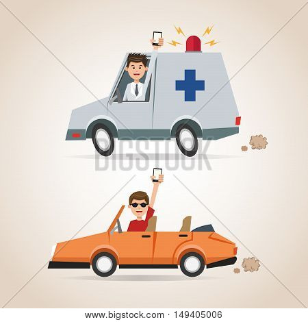 Cartoon man smartphone ambulance and car. Gps navigator location travel and route heme. Colorful design. Vector illustration
