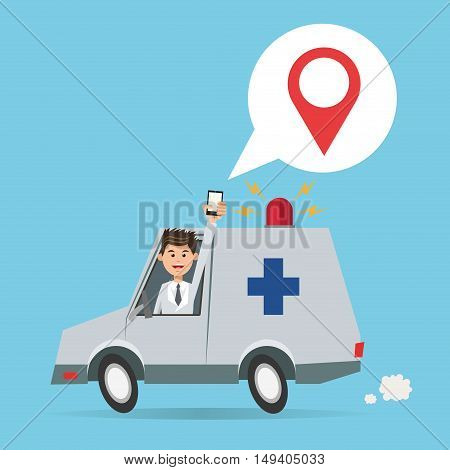 Cartoon man ambulance and smartphone. Gps navigator location travel and route heme. Colorful design. Vector illustration
