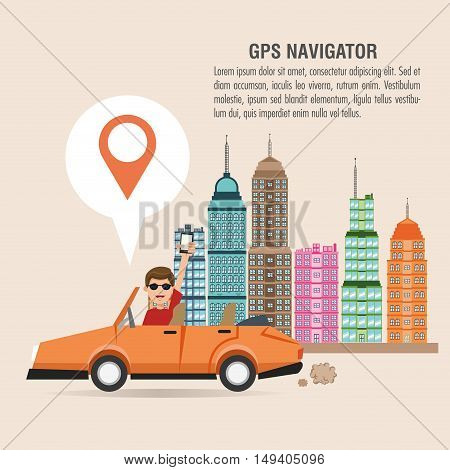 Cartoon man car city and smartphone. Gps navigator location travel and route heme. Colorful design. Vector illustration