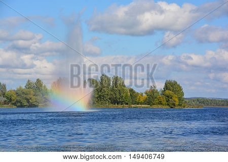 GRANBY QUEBEC CANADA 09 28 2016: Nestled in the heart of the city of Granby, Lake Boivin and fountain are an iconic image for the citizens and visitors