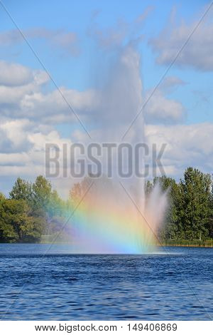 GRANBY QUEBEC CANADA 09 28 2016: Nestled in the heart of the city of Granby, Lake Boivin and fountain are an iconic image for the citizens and visitors
