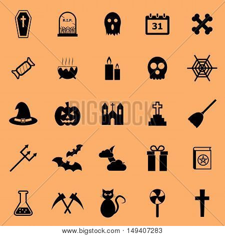 Halloween color icons on orange background, stock vector