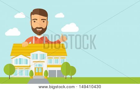 A caucasian happy for the approval of his house structure plan.  flat design illustration. Horizontal layout with text sapce in right side.