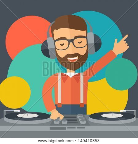A caucasian disc jockey with headphone mixing music inside the studion room. A contemporary style with pastel palette black tinted and colorful round background.  flat design illustration. Square