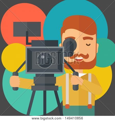 A caucasian videographer taking a video. A contemporary style with pastel palette black tinted and colorful round background.  flat design illustration. Square layout.