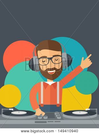 A caucasian disc jockey with headphone mixing music inside the studion room. A contemporary style with pastel palette black tinted and colorful round background.  flat design illustration. Vertical