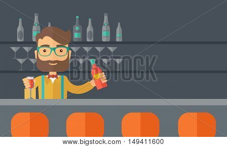 A young bartender preparing a mixed drimks at a bar, several bottles of alcohol and wine glass behind him. A contemporary style with pastel palette black tinted background.  flat design illustration