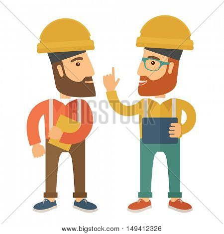 A two workers wearing hard hat talking .A Contemporary style. flat design illustration isolated white background. Square layout 