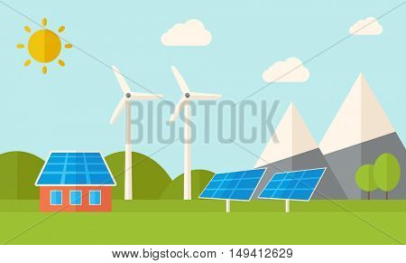 A house with alternative energy consumption, solar panel and wind mills. A Contemporary style with pastel palette, soft blue tinted background with desaturated clouds. flat design illustration