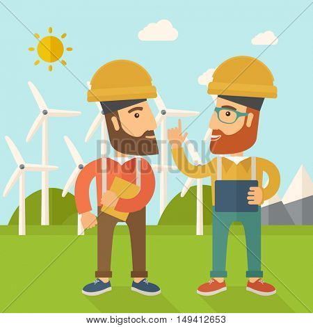 A two workers wearing hard hat talking infront of windmills under the sun. A Contemporary style with pastel palette, soft blue tinted background with desaturated clouds. flat design illustration