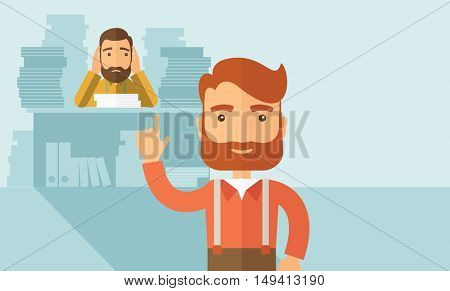 Two employees ,one happy walking ahead finished his task on time and the other is sad siitng and still working with those paper works on his table. Time management concept. A contemporary style with