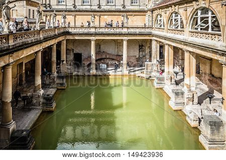 Bath UK - August 15 2015: The Roman Terms complex is a site of historical interest in the English city of Bath. The Baths are a major tourist attraction