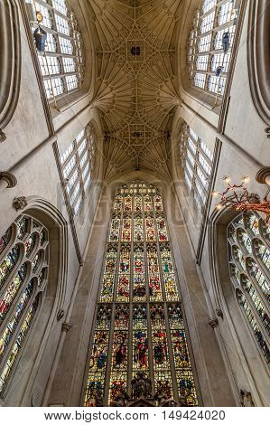 Bath UK - August 15 2015: Vaults of Bath Abbey. Symmetrical low angle view. The abbey is an Anglican parish church and an active place of worship