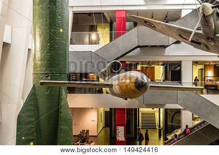 LONDON UK - AUGUST 25 2015: Imperial War Museum. Indoor view of V1 and V2 rockets