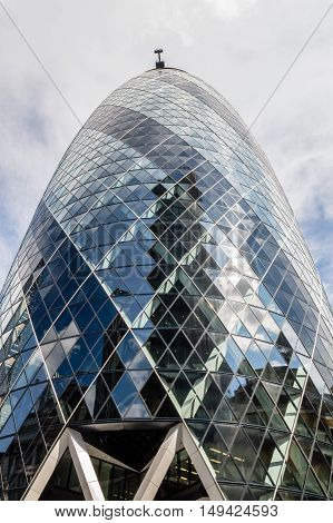 LONDON UK - AUGUST 21 2015: Detail of Gherkin Tower designer by the architect Norman Foster. It´s the headquarters of an insurance company