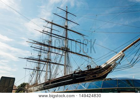 LONDON UK - AUGUST 22 2015: Greenwich London Cutty Sark is a British clipper ship. She was one of the last tea clippers to be built and one of the fastest.