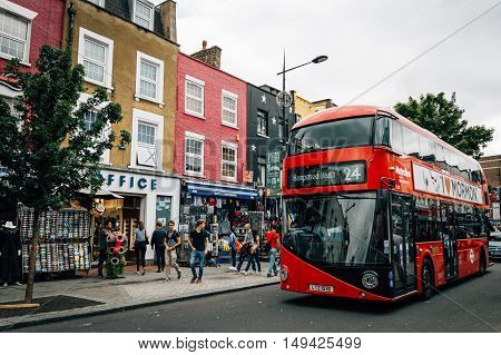 LONDON UK - AUGUST 20 2015: Camden Town Market famous alternative culture shops. Mainly tourist oriented selling souvenirs crafts and fashion products