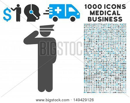 Police Officer icon with 1000 medical commerce gray and blue vector pictograms. Collection style is flat bicolor symbols, white background.
