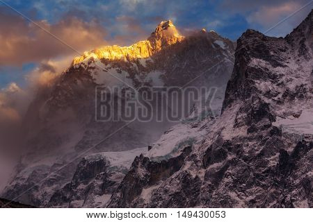 Scenic view of the Jannu peak in Kanchenjunga Region, Himalayas, Nepal.