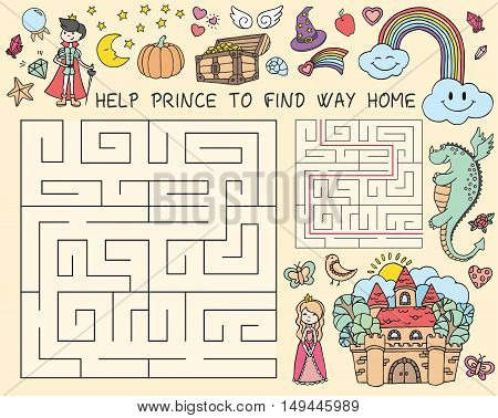 Vector hand drawn doodle illustration of maze with fairy tales characters. Educational game for children. Game maze