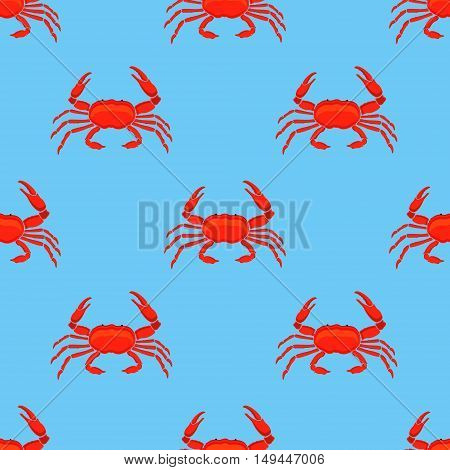 Vector illustration seamless pattern background with red crab on blue background. Seafood