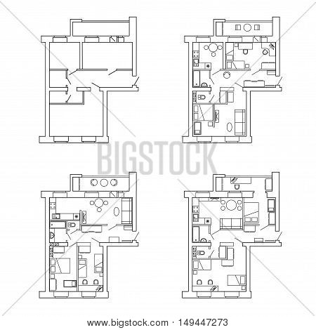 Plan for apartments before and after redevelopment with furniture.House interior. Black and White floor plan of a modern apartment. Vector blueprint. Architectural background.