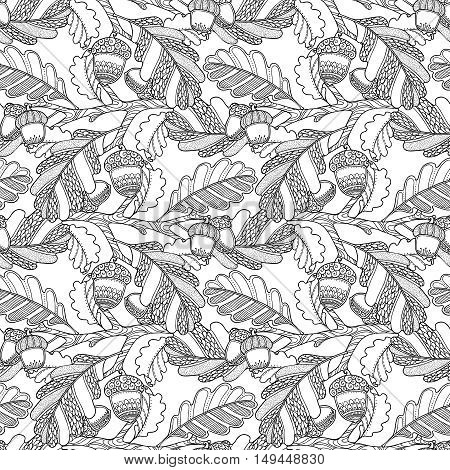 Seamless pattern in doodle style. Floral, ornate, decorative, tribal vector design elements. Black and white monochrome background. Oak leaves and acorns. Zentangle hand drawn coloring book page