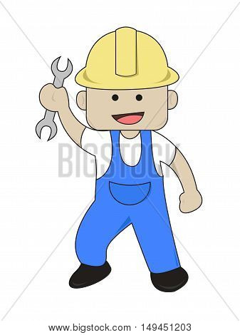 Worker Bring Open End Wrench Flat Cartoon Illustration