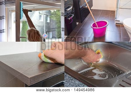 Image is divided into 4 sections about housework dust cleaning and floor cleaning.