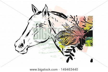 Hand drawn vector textured lined ink graphic horse head illustration with abstract tropical exotic flowers in pastelpink and green colors isolated on white background