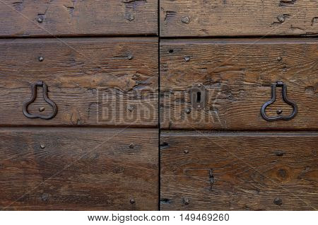 part of wooden door with doorhandle and keyhole