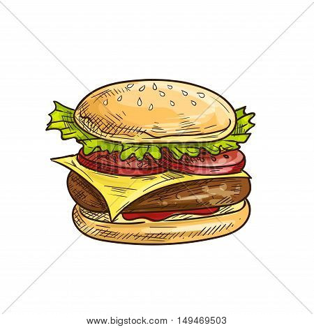 Cheeseburger fast food sketch icon. Vector hamburger with sesame bun, fresh lettuce, tomatoes slices, meat cutlet, cheese. Burger lement for restaurant signboard, eatery menu, cafe label