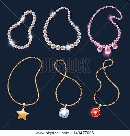 Realistic necklaces jewelry accessories icons set. Necklace gold chain gemstones pearl pendant vector illustration.