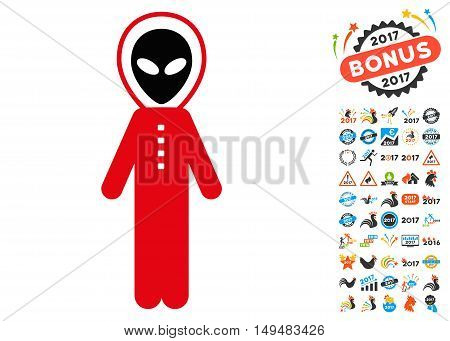 Alien Skafandr icon with 2017 year bonus vector pictograms. Design style is flat symbols, white background.