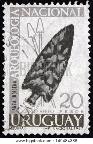 URUGUAY - CIRCA 1967: a stamp printed in Uruguay shows Spearhead Archeological Find circa 1967
